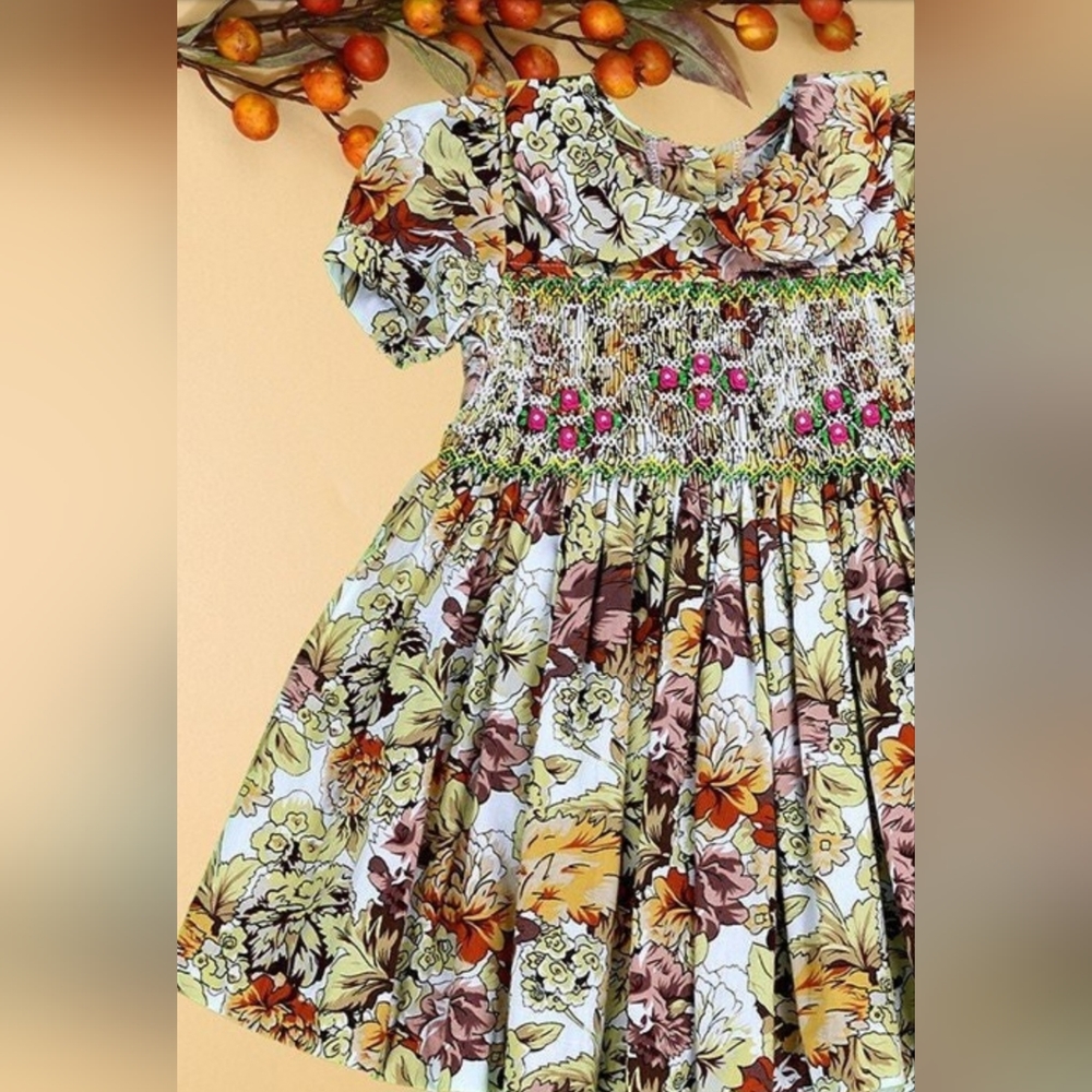 Sissymini Sweet Leaves Hand-Smocked Embroidered Baby Girl Dress. Size 12M